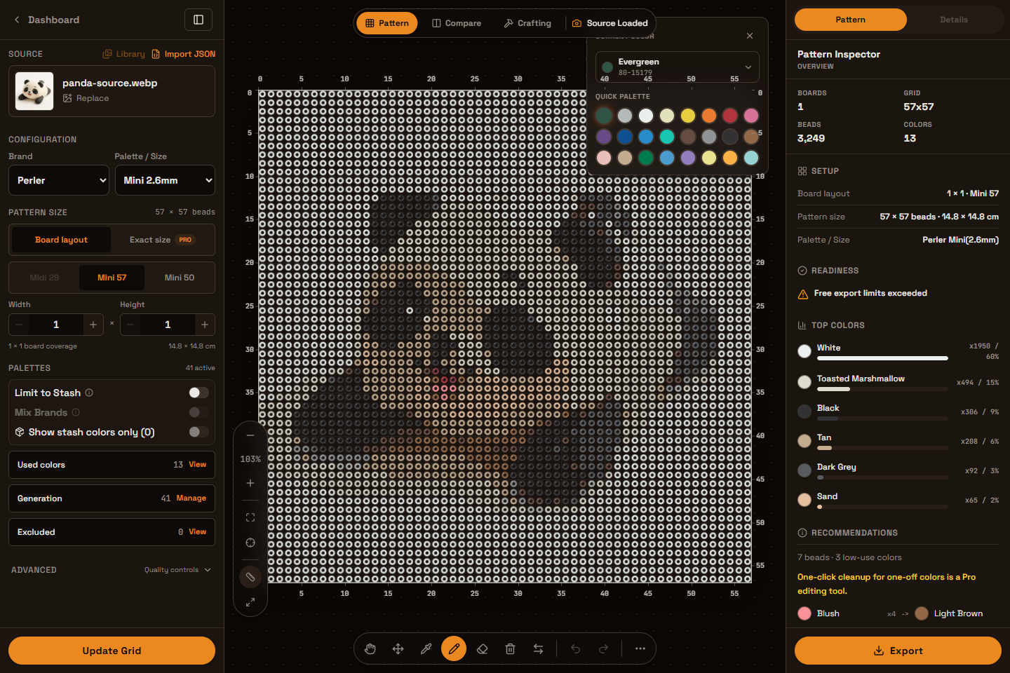 Editor showing the Pattern workspace with setup, canvas, and Inspector visible together