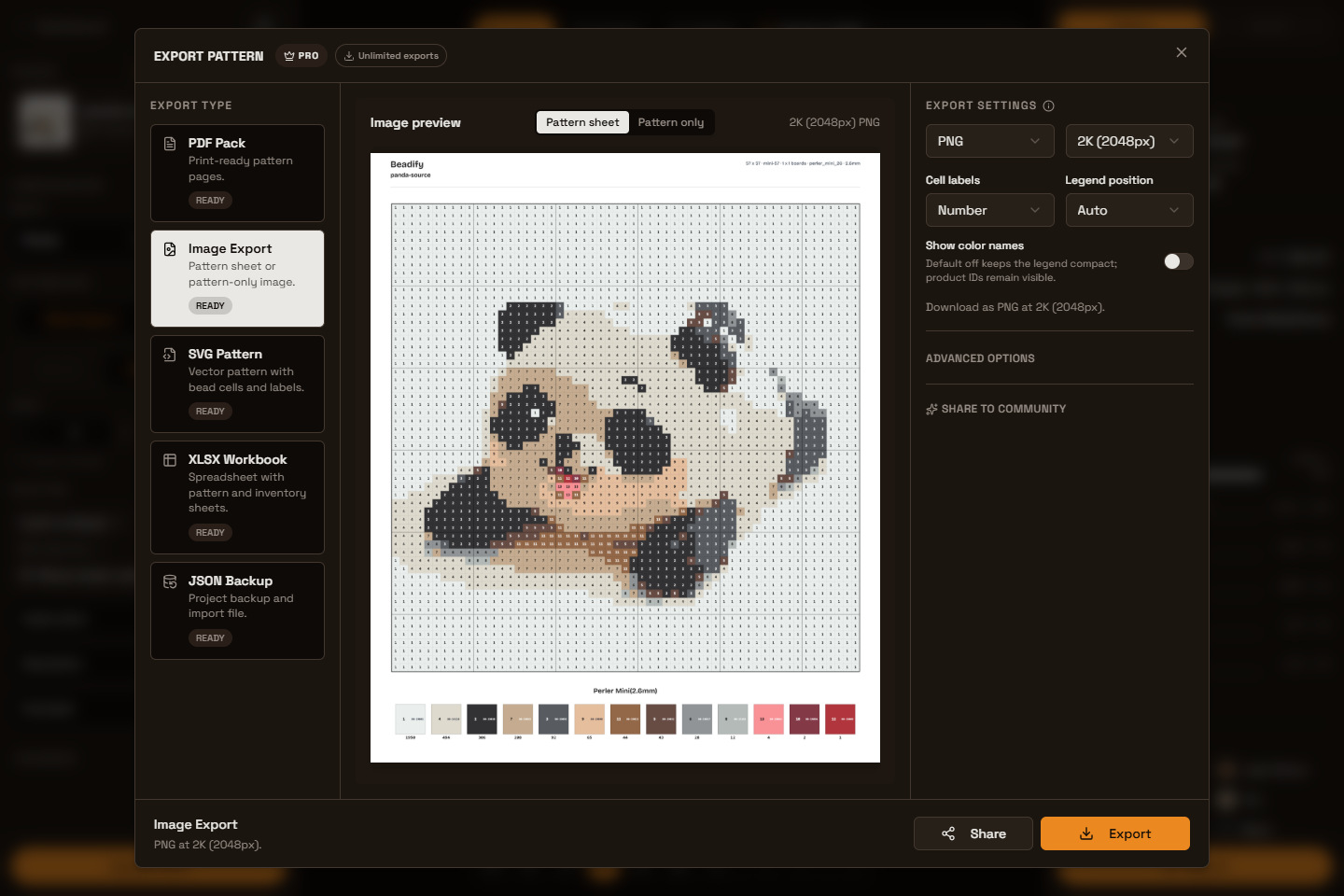Export dialog for a panda Pattern with Image, PDF, SVG, XLSX, and JSON choices