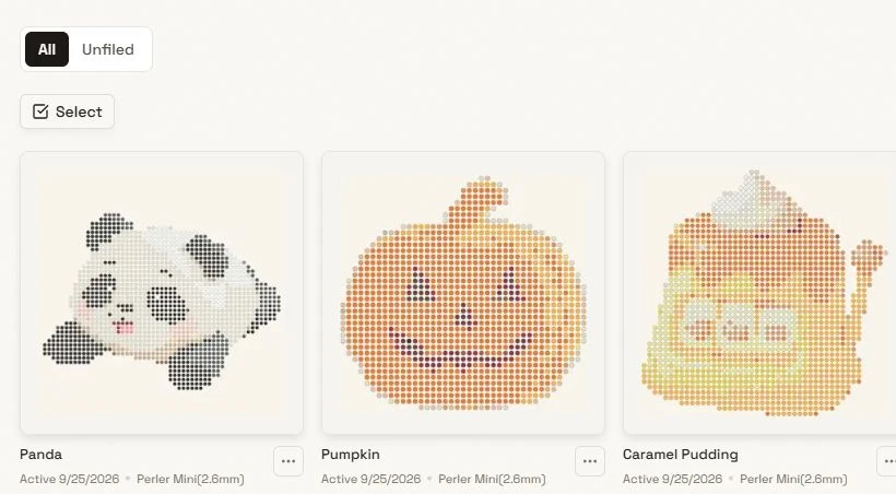 Close-up of All Patterns showing All and Unfiled filters, Select, and Project cards with menus.