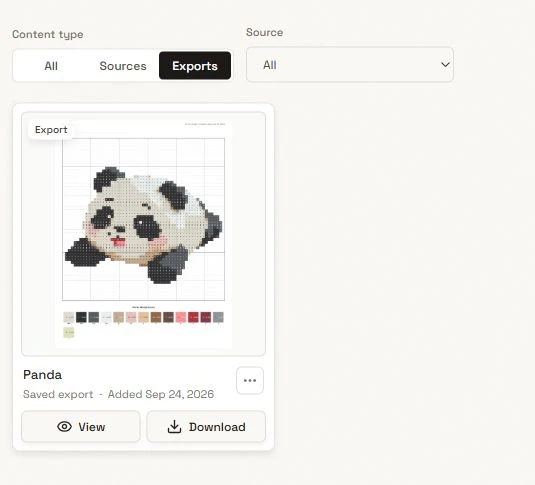 Close-up of Image Assets filtered to Exports with a saved Panda image and View and Download actions.