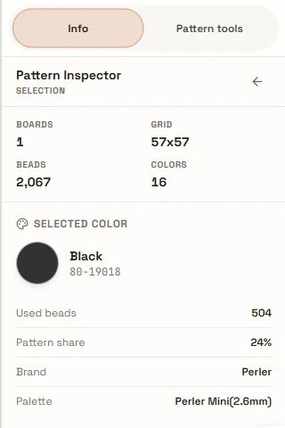 Selected Black color showing its code, 504 required beads, 24 percent share, and palette.