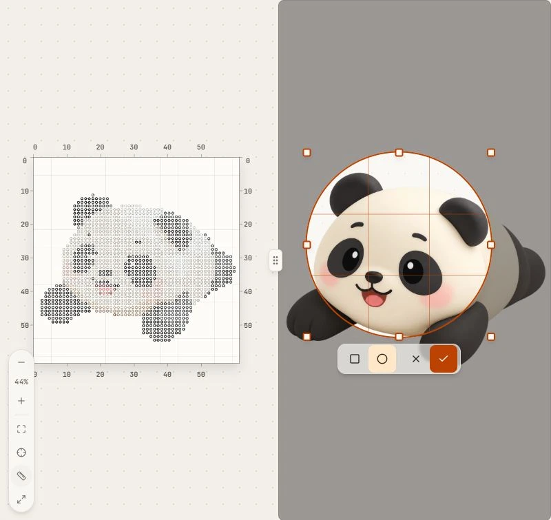 Circle crop around the panda source with a live bead Pattern preview and an orange confirmation button.