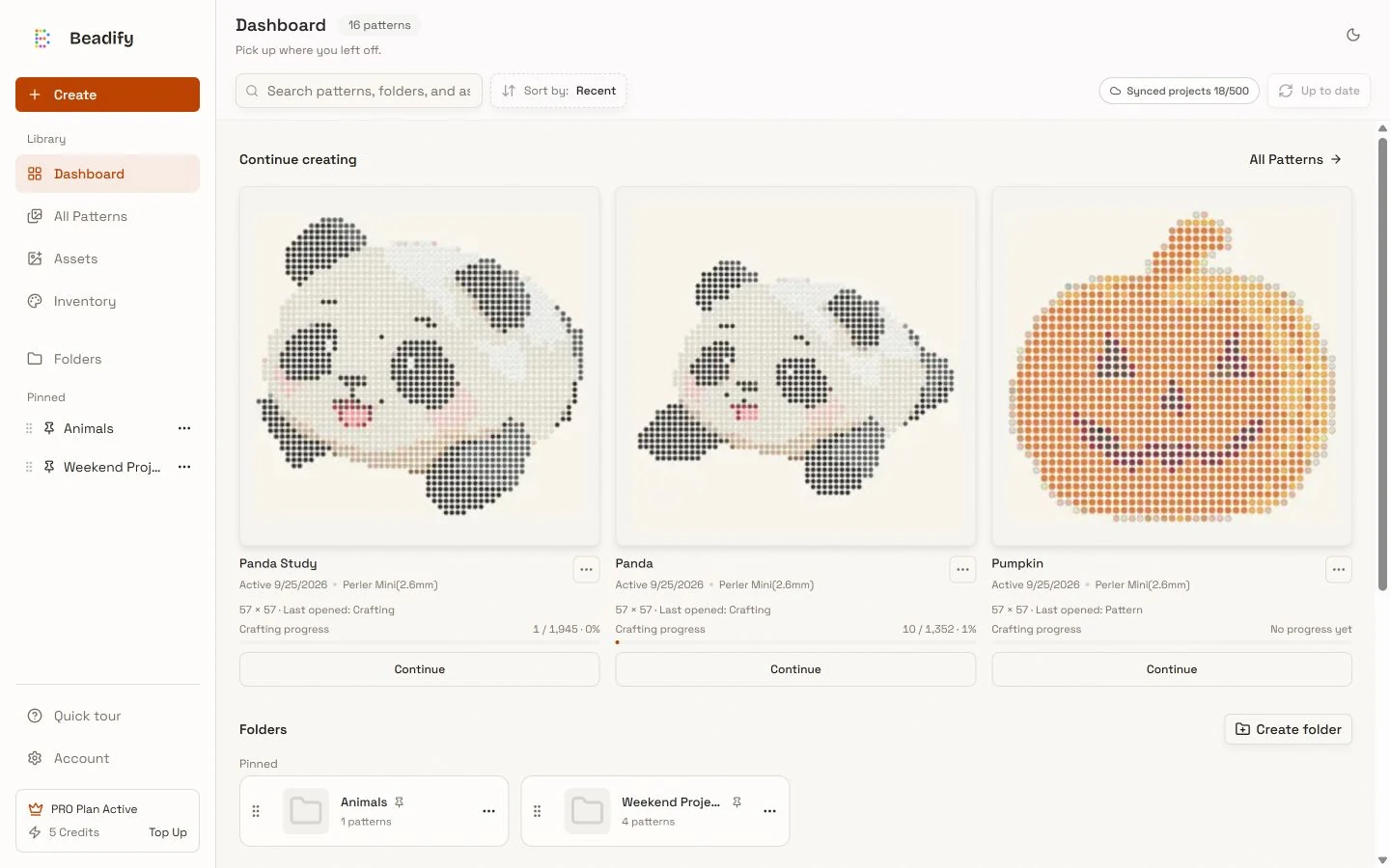 The Panda Study Dashboard card shows Last opened Crafting, 1 of 1945 beads marked, and a Continue button.