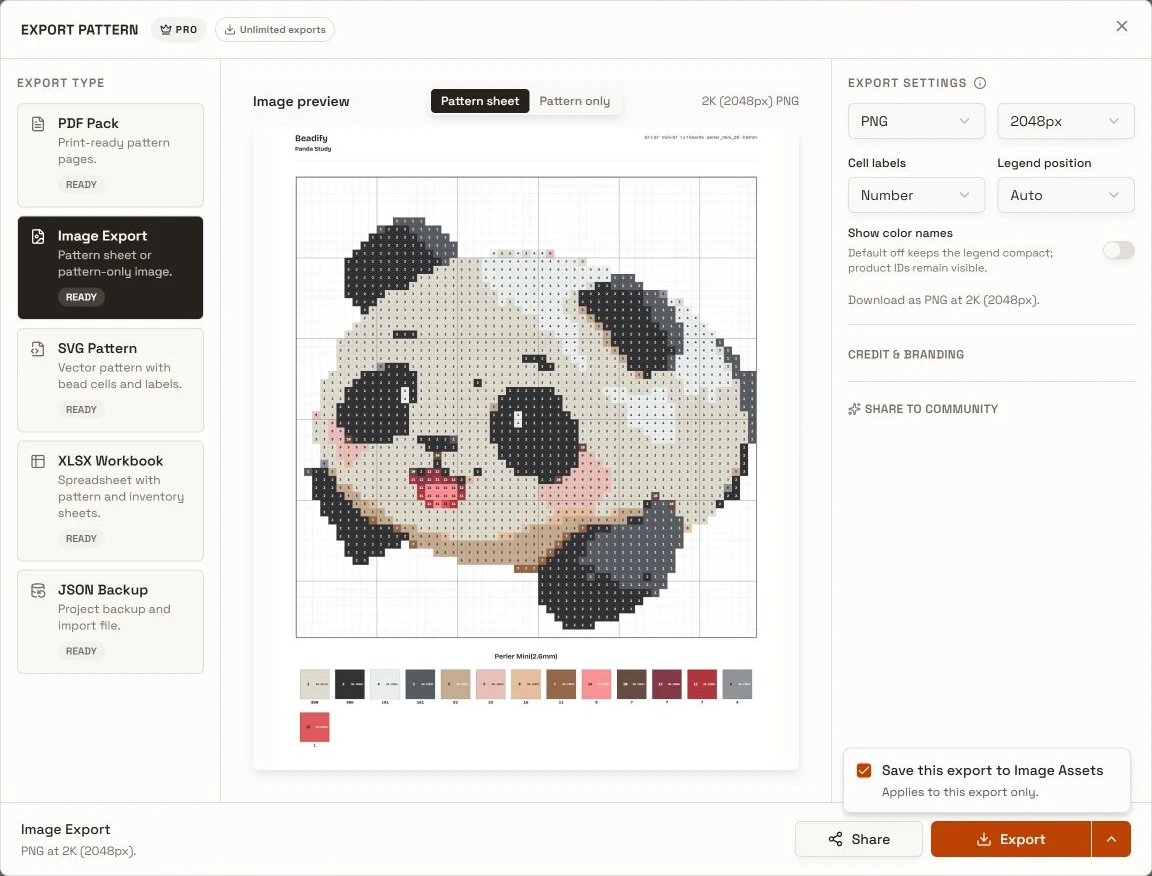 Image Export with the upward options panel open and Save this export to Image Assets checked.