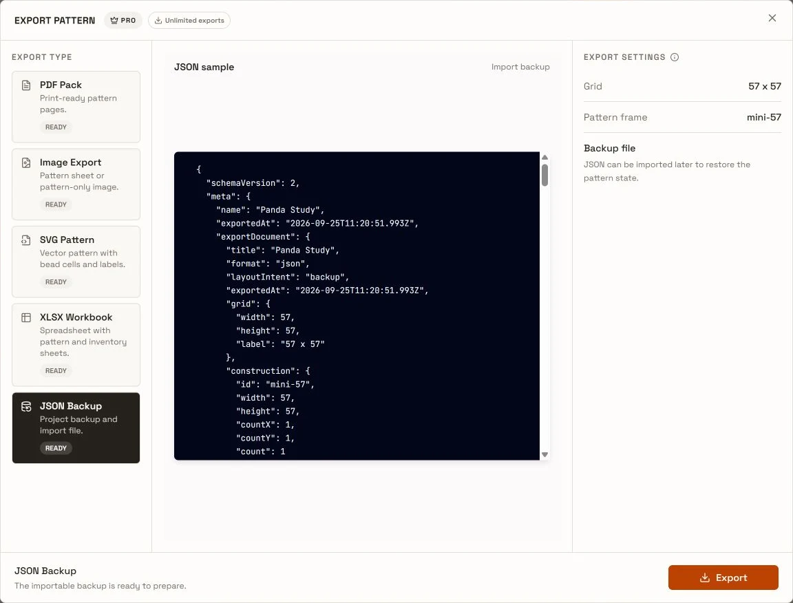 JSON Backup selected with a shortened JSON sample and the Project grid and Pattern frame shown in settings.