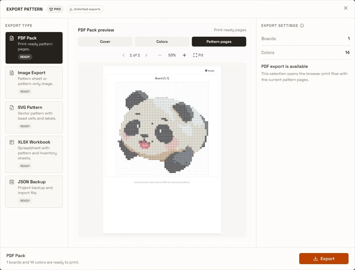 PDF Pack preview on the Pattern pages tab with one complete instruction page, page controls, and Export.