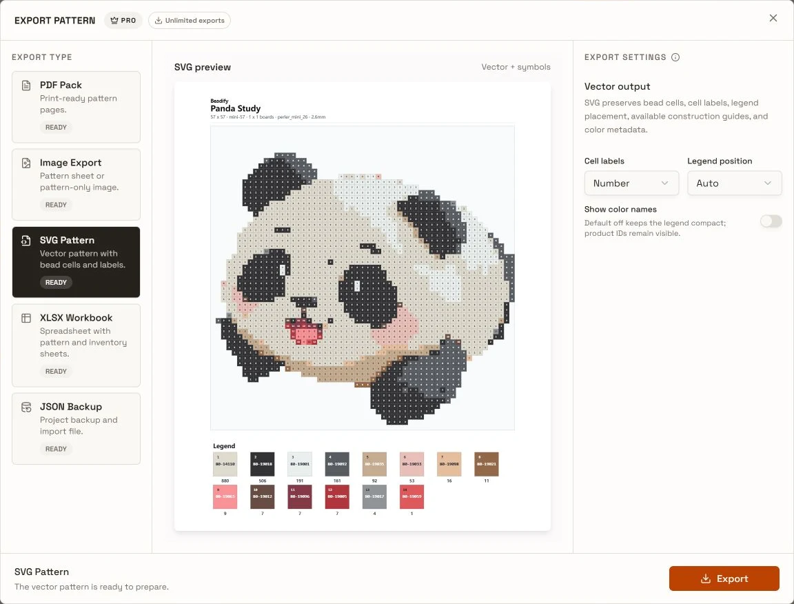 SVG Pattern selected with a vector Pattern preview and controls for cell labels, legend position, and color names.