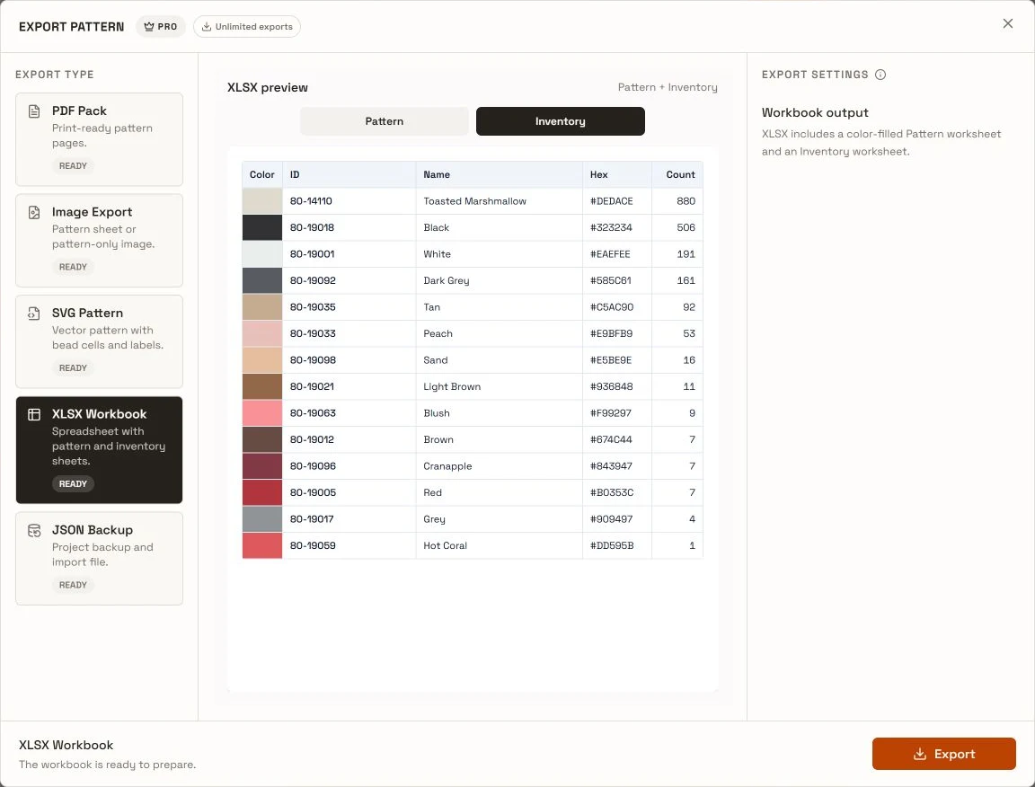 XLSX Inventory preview listing color swatches, product IDs, names, hex values, and counts.