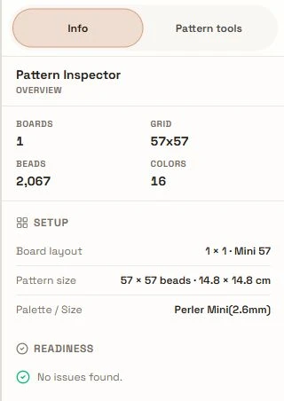 Info overview with one board, a 57 by 57 grid, 2067 filled beads, 16 used colors, applied setup, and readiness.