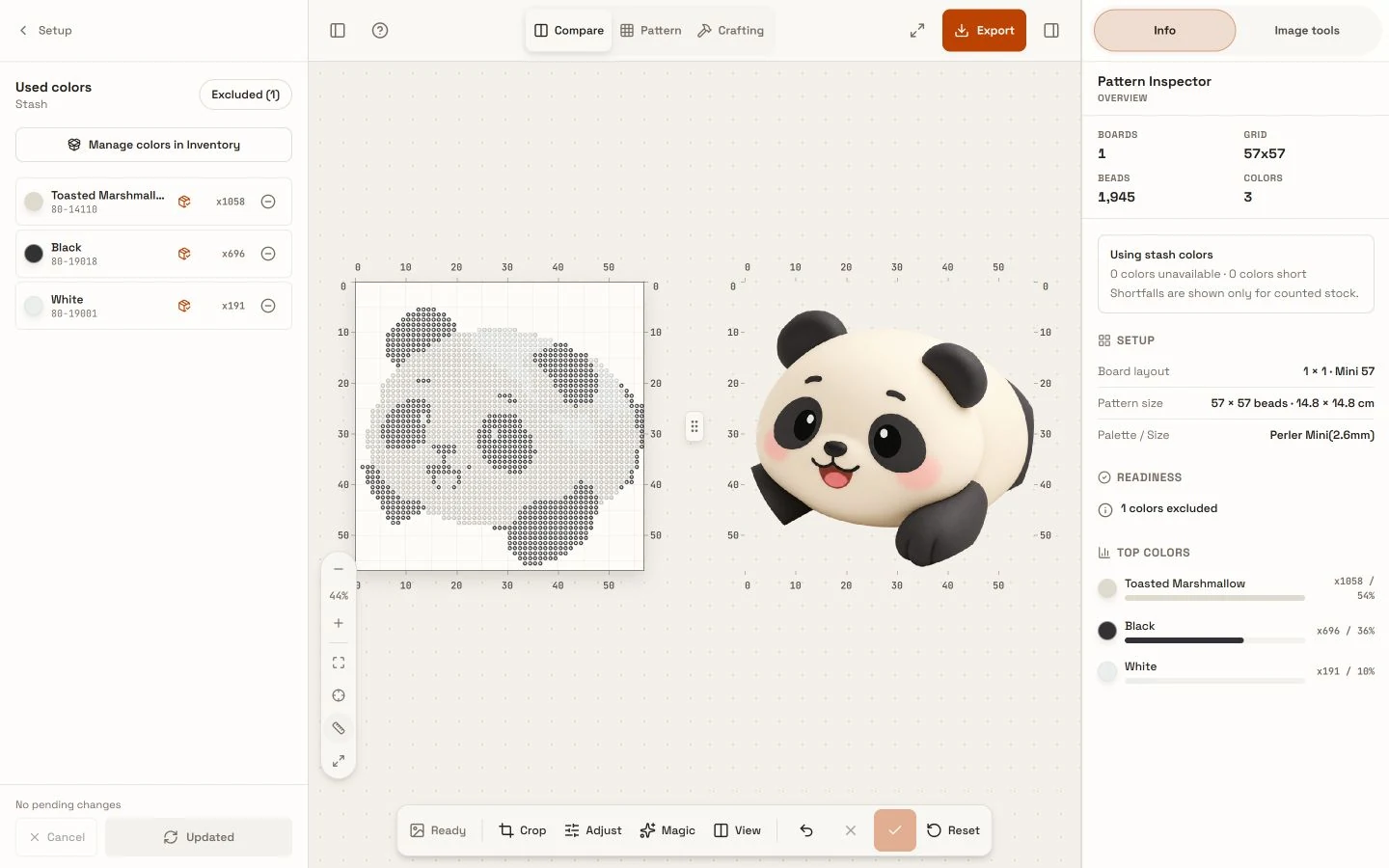 The updated panda uses only Toasted Marshmallow, 1058 beads; Black, 696; and White, 191.