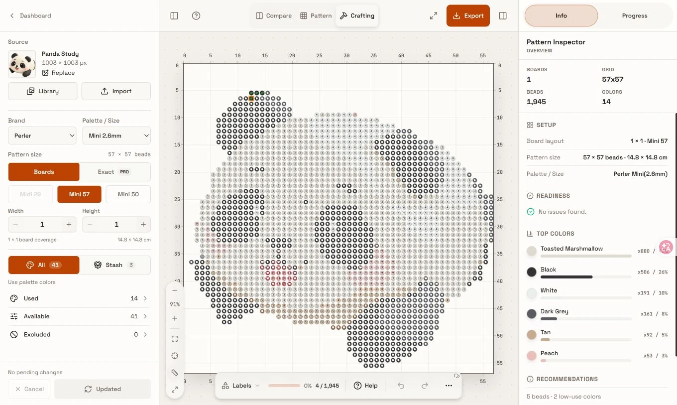 Crafting view after combining progress, showing four placed beads out of 1,945.