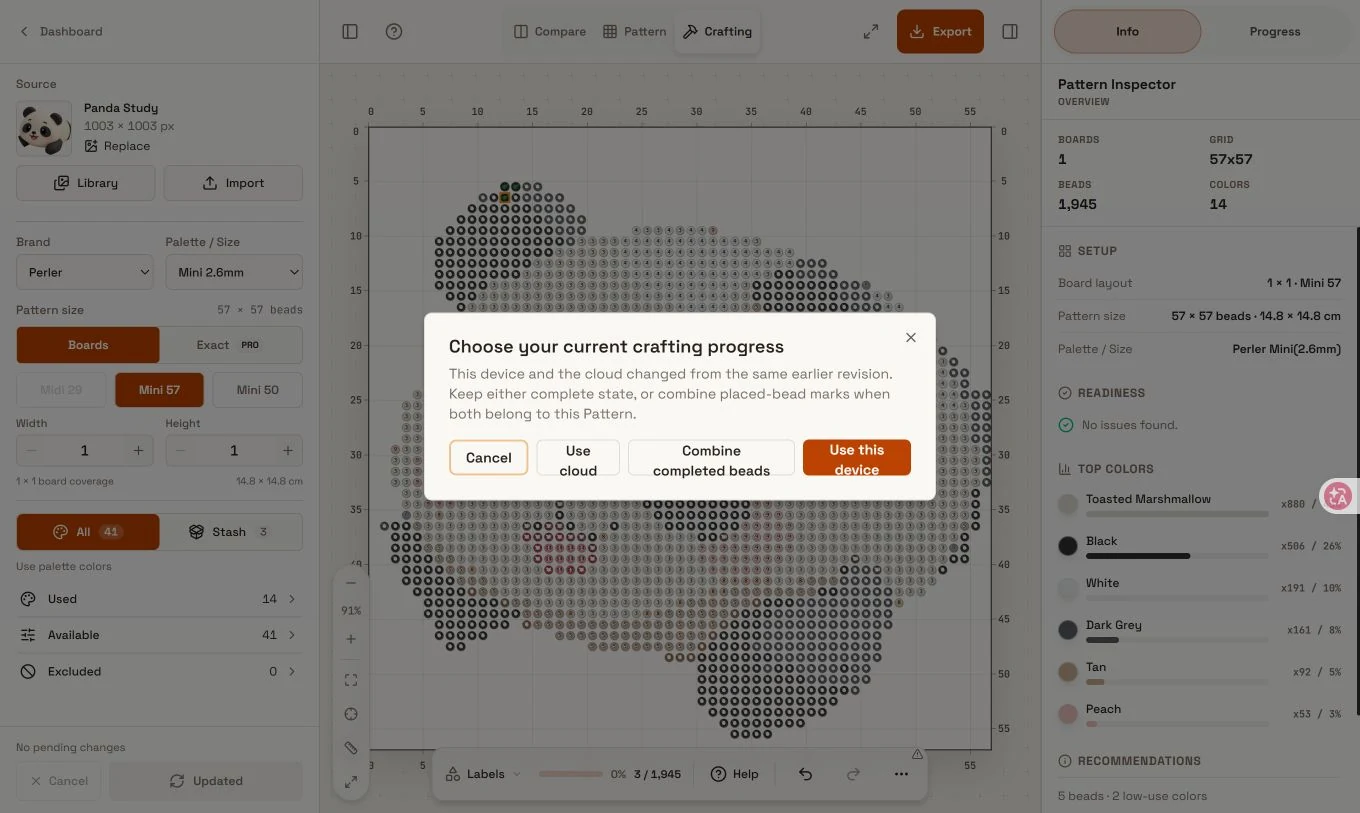 Crafting conflict dialog offering Use cloud, Combine completed beads, and Use this device.