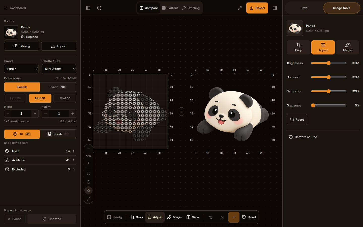 Panda source and bead Pattern side by side, with image preparation tools on the right and confirmation actions below.
