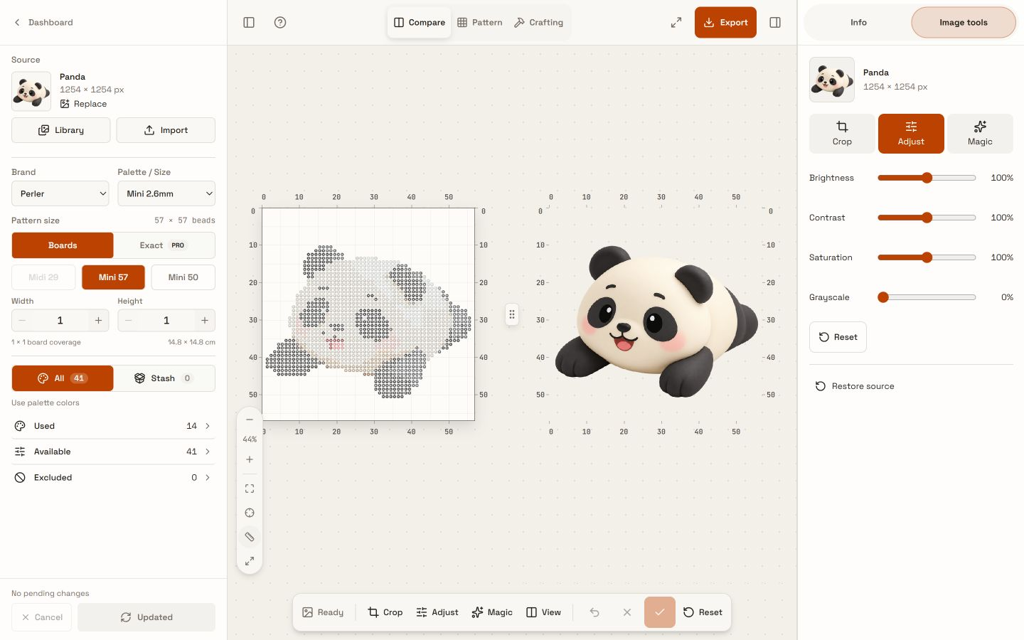 Panda source and bead Pattern side by side, with image preparation tools on the right and confirmation actions below.