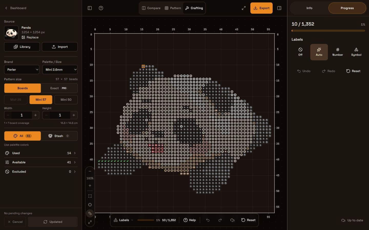 Panda Crafting view with ten placed beads, a 10 out of 1352 count, and controls for labels and undo.