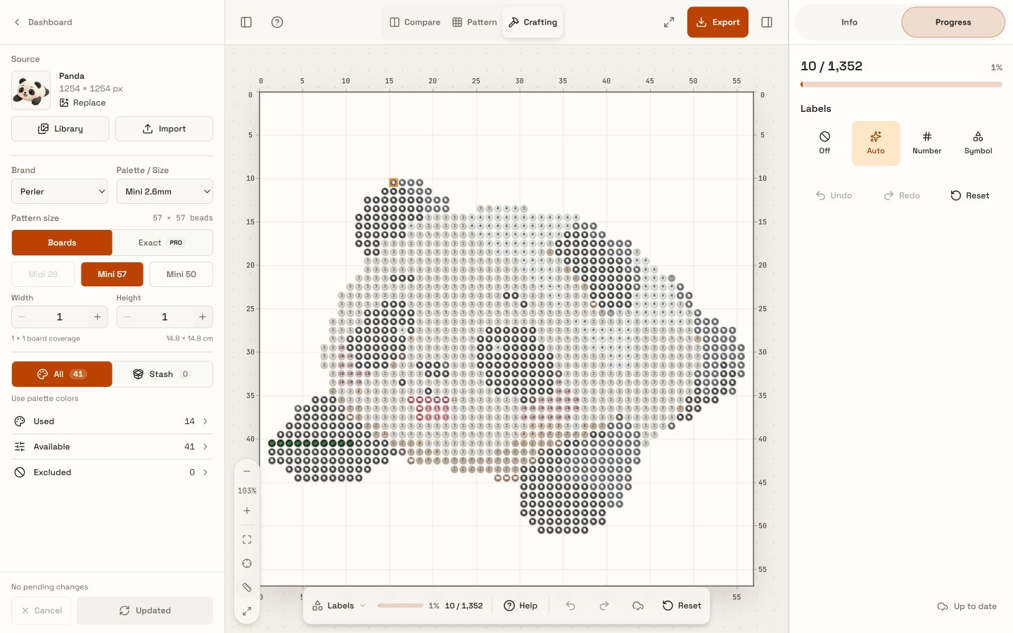Panda Crafting view with ten placed beads, a 10 out of 1352 count, and controls for labels and undo.