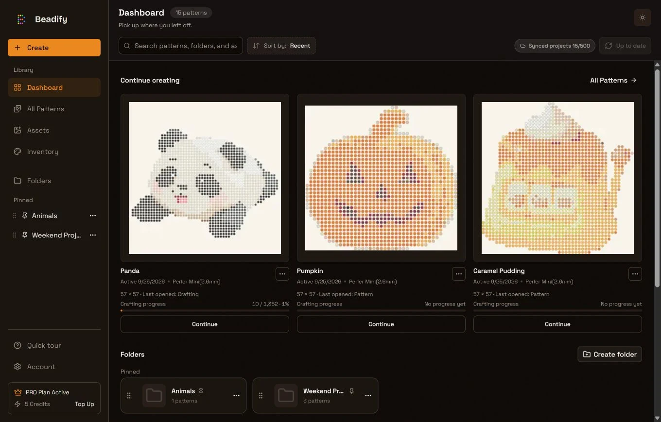 Dashboard with Panda, Pumpkin, and Caramel Pudding Projects, library navigation, and pinned folders.