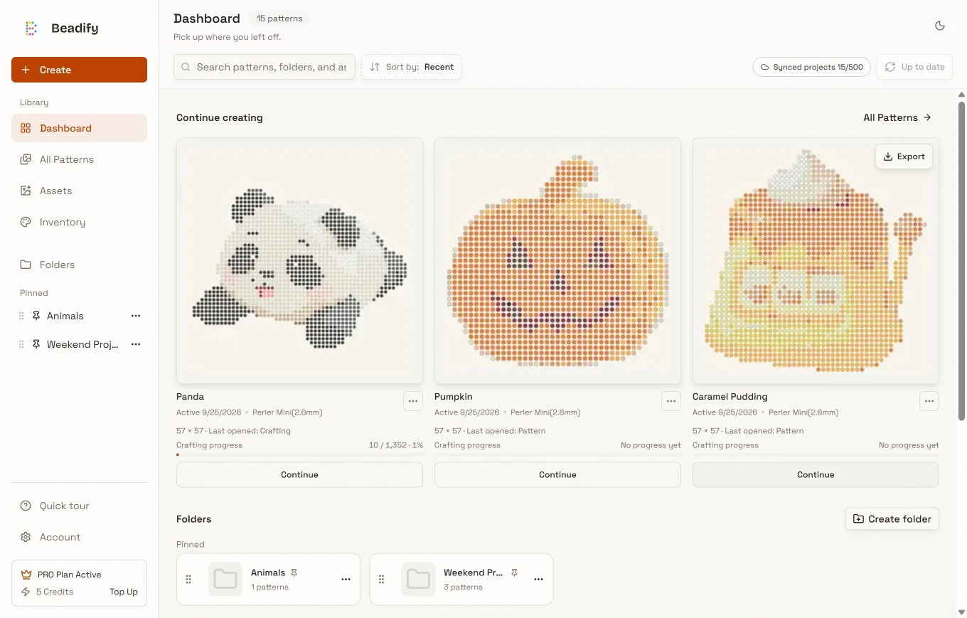 Dashboard with Panda, Pumpkin, and Caramel Pudding Projects, library navigation, and pinned folders.