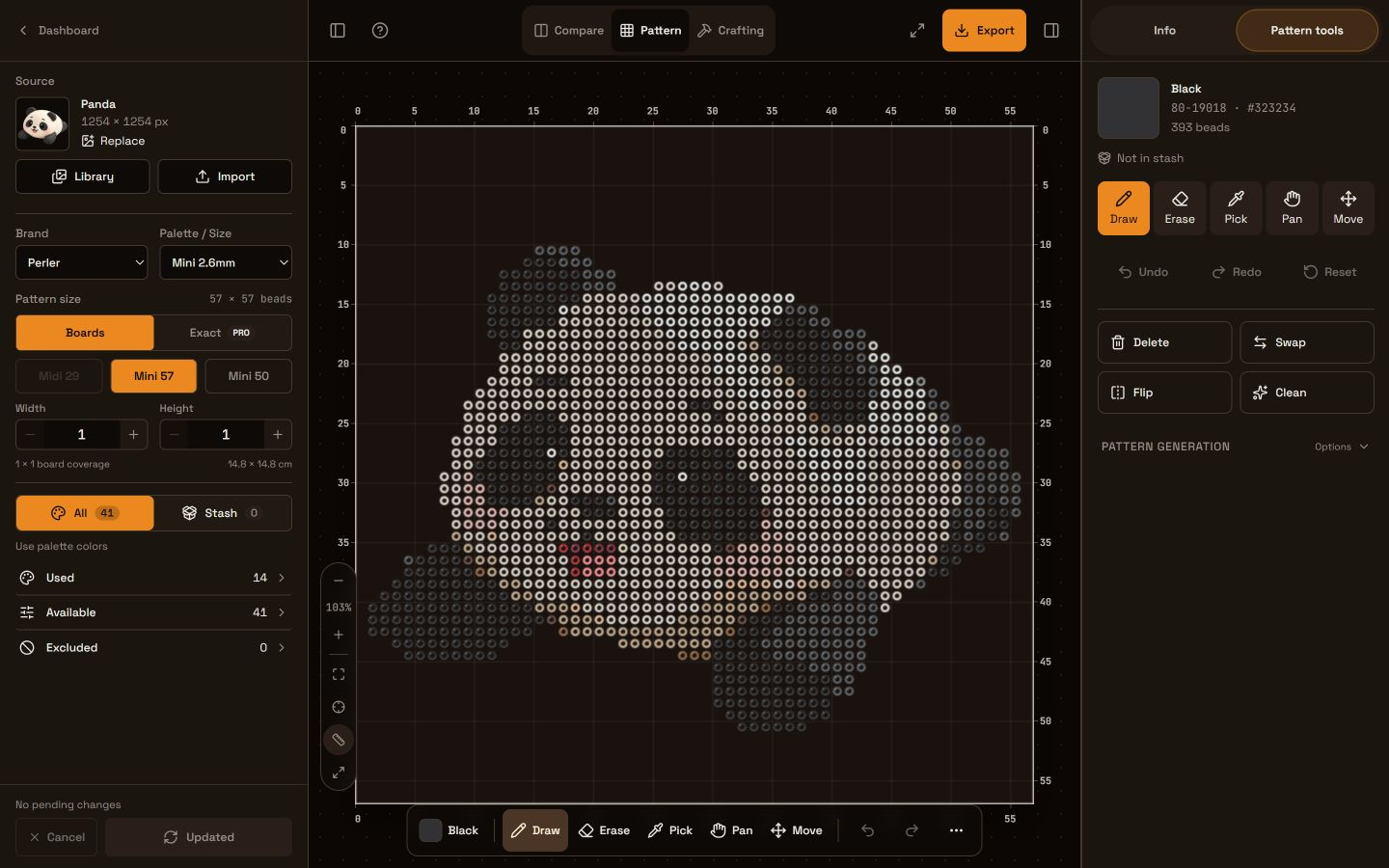Editable Panda bead grid with Draw, Erase, Pick, Pan, and Move controls.