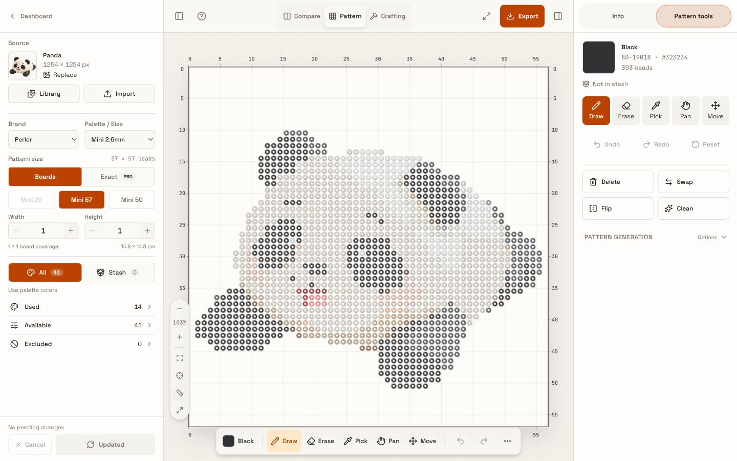 Editable Panda bead grid with Draw, Erase, Pick, Pan, and Move controls.